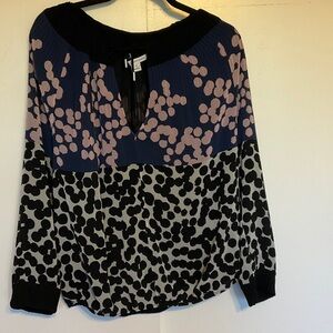 Diane Von Furstenberg Mikino Colorblock Pleated Dot Print Blouse